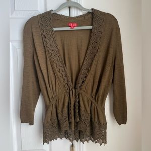 Elle Olive Green Crochet Accent Cardigan Size Small